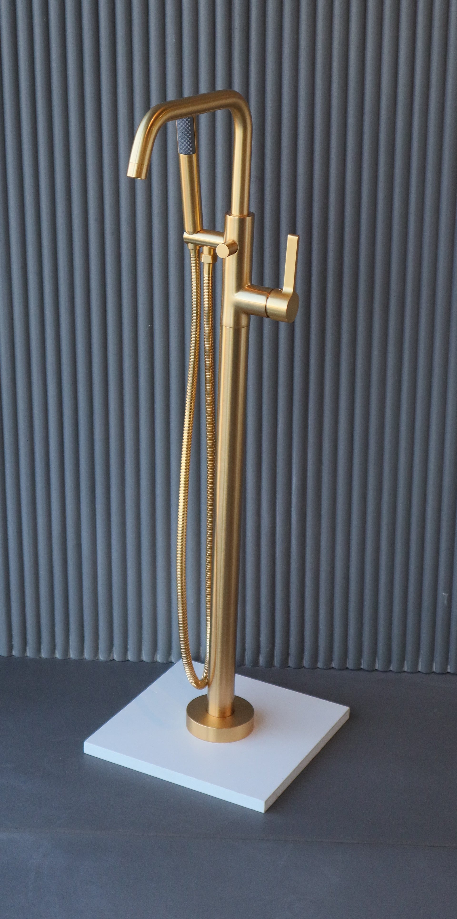 Blade Brushed Gold Floor Mount Tub Filler
