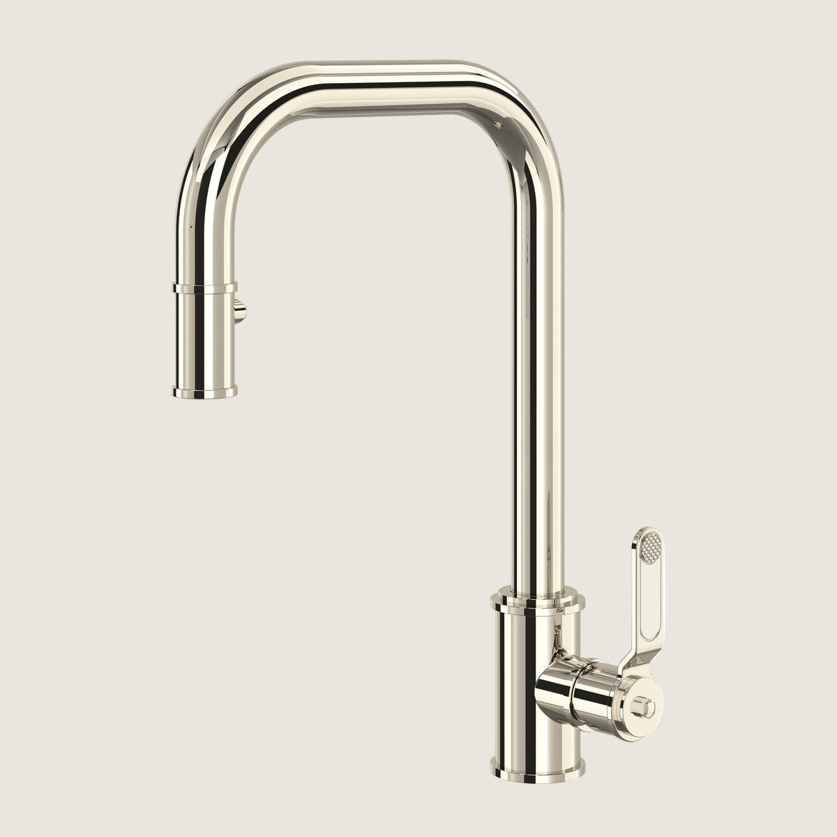 Modern kitchen faucet with a curved design on a white background
